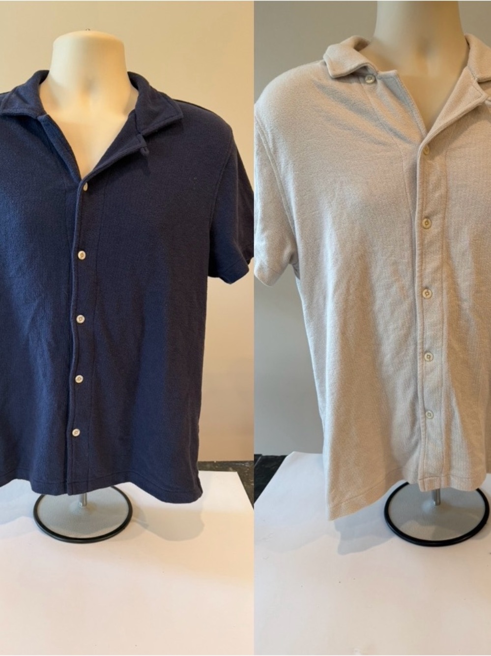 J Crew Men's L Terry Textured Camp Collar Sweater Tee Shirt Navy Blue and beige